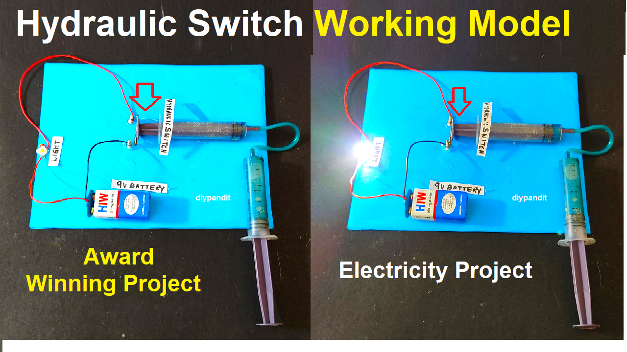 electricity-project-working-model-using-hydraulic-switch-using-safety-pin-and-syringes-DIY-pandit